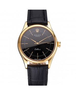 Swiss Rolex Cellini Black Dial Gold Markings Gold Case Black Leather Strap