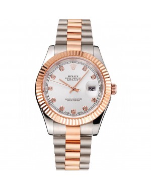 Swiss Rolex Datejust White Dial Rose Gold Bezel Stainless Steel Case Two Tone Bracelet