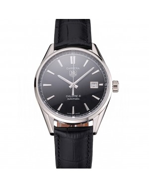 Swiss Tag Heuer Carrera Calibre 5 Black Dial Stainless Steel Case Black Leather Strap
