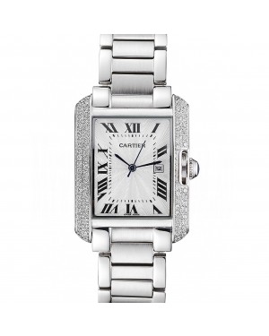 Cartier Tank Anglaise 30mm White Dial Diamonds Steel Case Stainless Steel Bracelet