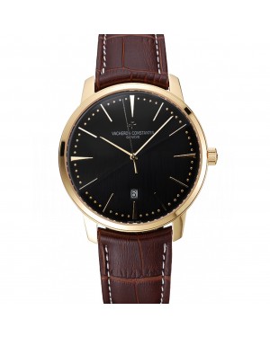 Swiss Vacheron Constantin Patrimony Black Dial Gold Case Brown Leather Bracelet 1454179