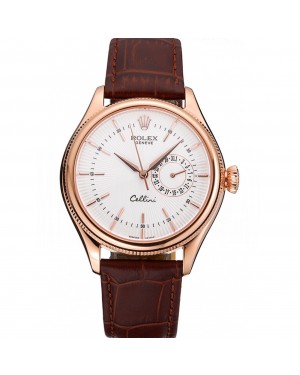 Rolex Cellini White Rose Dial Gold Case Brown Leather Bracelet 622725