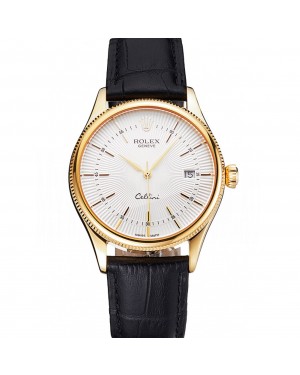Swiss Rolex Cellini Date White Dial Gold Case Black Leather Strap