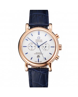 Omega Seamaster Vintage Chronograph White Dial Blue Hour Marks Rose Gold Case Blue Leather Strap