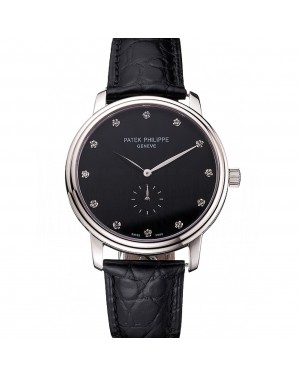 Patek Philippe Calatrava Black Dial Stainless Steel Case Black Leather Strap