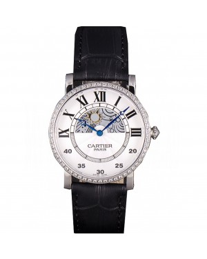 Cartier Moonphase Silver Watch with Black Leather Band ct255 621374