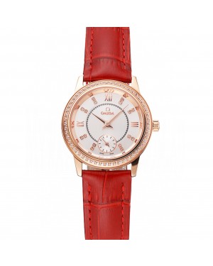 Omega De Ville Prestige Small Seconds White Dial Diamond Bezel Rose Gold Case Red Leather Strap