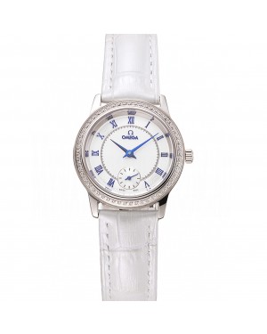 Omega De Ville Prestige Small Seconds White Dial Diamond Bezel Stainless Steel Case White Leather Strap