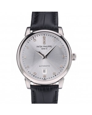 Patek Philippe Swiss Calatrava Polished Bezel Grey Dial Black Leather Strap 7659