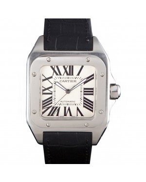 Swiss Cartier Santos Stainless Steel Bezel with Black Leather Strap 621524