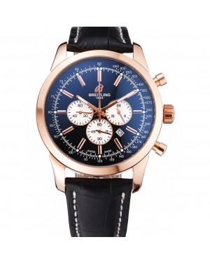 Breitling Transocean Black Dial Black Leather Strap Rose Gold Bezel 98204