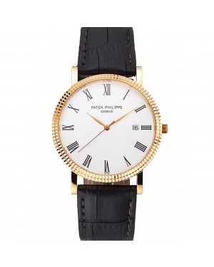 Patek Philippe Calatrava White Dial Roman Numerals Ribbed Bezel Gold Case Black Leather Strap