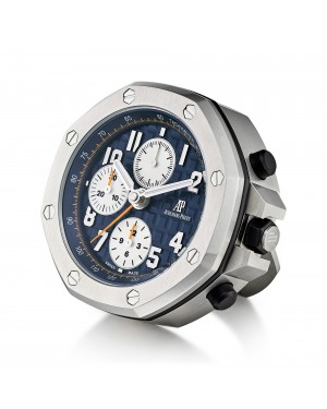 AUDEMARS PIGUET | ROYAL OAK OFFSHORE A STAINLESS STEEL ALARM DESK CLOCK WITH WOODEN STAND