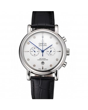 Omega Seamaster Vintage Chronograph White Dial Diamond Hour Marks Stainless Steel Case Black Leather Strap