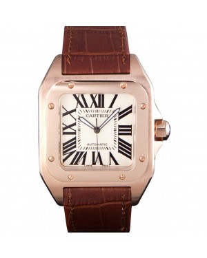 Swiss Cartier Santos Rose Gold with Brown Leather Strap 621522