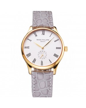 Patek Philippe Calatrava White Dial Gold Case Gray Leather Strap