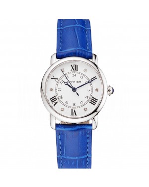 Cartier Ronde White Dial Diamond Hour Marks Stainless Steel Case Blue Leather Strap