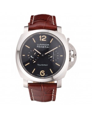 Panerai Luminor 1950 Tourbillon GMT Black Dial Stainless Steel Case Brown Leather Strap