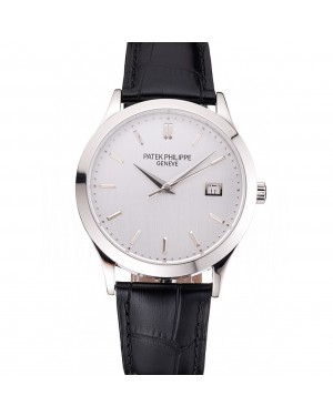Swiss Patek Philippe Calatrava Silver Dial Stainless Steel Case Black Leather Strap