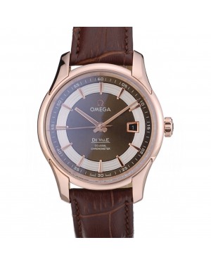 Omega Swiss DeVille Rose Gold Bezel Brown Leather Strap 7614