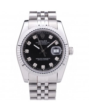 Rolex Datejust Black Dial Diamonds Ribbed Bezel 7458