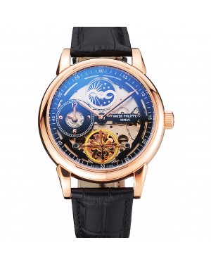 Patek Philippe Dual Time Moonphase Tourbillon Black Skeletonised Rose Gold Case Black Leather Strap