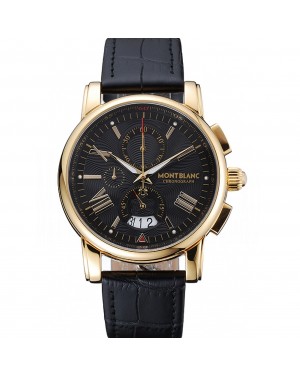 Montblanc Chronograph Black Dial Black Leather Bracelet Gold Case 1454112