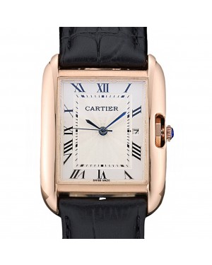 Cartier Tank Anglaise 30mm White Dial Gold Case Black Leather Bracelet