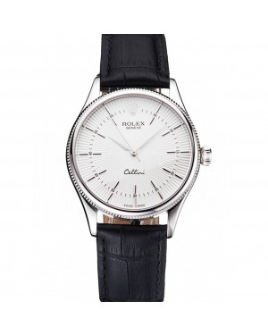 Swiss Rolex Cellini White Guilloche Dial Stainless Steel Case Black Leather Strap