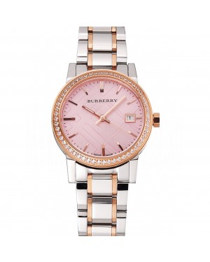 Burberry The City Pink Dial Rose Gold Diamond Bezel Stainless Steel Case Two Tone Bracelet