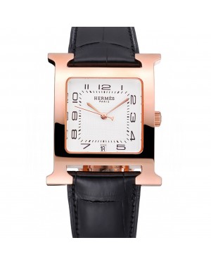 Hermes Heure H White Dial Gold Case Black Leather Strap