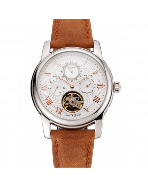 Patek Philippe Grand Complications Day Date Tourbillon White Dial Rose Gold Numerals Stainless Steel Case Brown Suede Leather Strap 1453818
