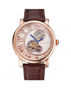 Cartier Rotonde De Cartier Flying Tourbillon White Dial Rose Gold Numerals Rose Gold Case Brown Leather Strap