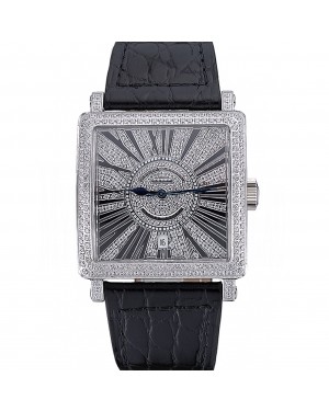 Franck Muller Master Square Diamonds Dial Diamonds Case Black Leather Band 622358