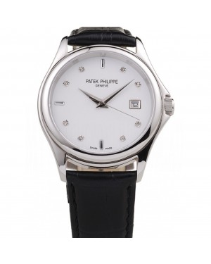 Patek Philippe Geneve Calatrava Crystal Studded Hour Marker White Dial Black Leather Strap