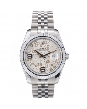 Rolex Swiss DateJust Stainless Steel Ribbed Bezel Flower Silver Dial 42001