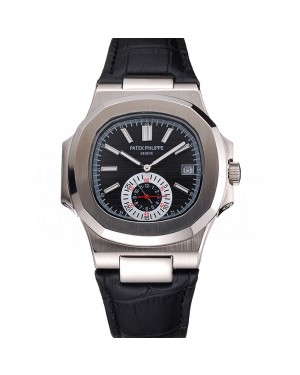 Patek Philippe Nautilus Black Dial Stainless Steel Case Black Leather Strap