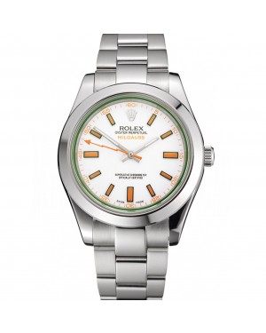 Swiss Rolex Milgauss White Dial Orange Markings Stainless Steel Case And Bracelet