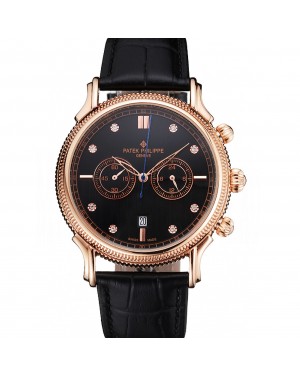 Patek Philippe Chronograph Black Dial With Diamonds Rose Gold Case Black Leather Strap