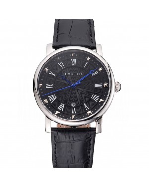 Cartier Rotonde Date Black Dial Stainless Steel Case Black Leather Strap