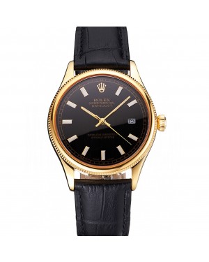 Swiss Rolex Datejust Black Dial Gold Case Black Leather Strap