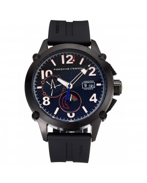 Porsche Design Indicator Black Dial Gold Numerals Black PVD Case Black Rubber Strap