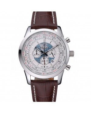 Breitling Transocean Chronograph Unitime White Dial Stainless Steel Case Brown Leather Bracelet 622244