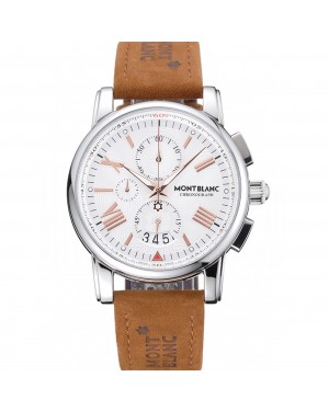 Montblanc Chronograph White Dial Brown Suede Leather Bracelet Silver Case 1454115