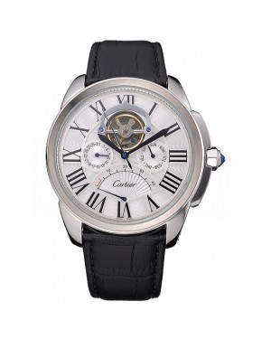 Cartier Calibre Tourbillon White Dial Stainless Steel Case Black Leather Strap 622751