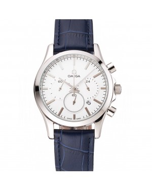 Omega Chronograph White Dial Stainless Steel Case Blue Leather Strap