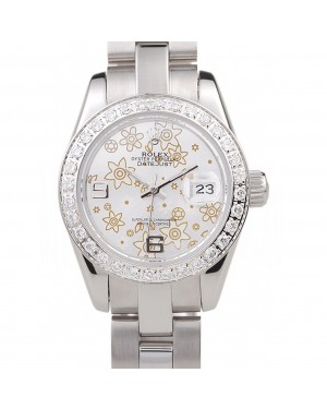 Rolex Datejust Polished Stainless Steel Silver Flowers Dial Diamond Plated 98082