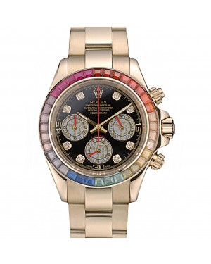 Rolex Daytona Cosmograph Rainbow Crystals Bezel Rose Gold Strap Black Dial 80251