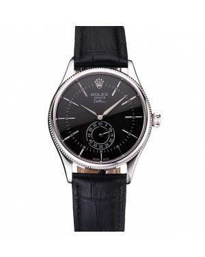 Swiss Rolex Cellini Black Dial Stainless Steel Case Black Leather Strap