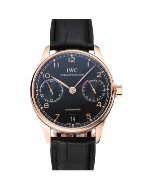 Swiss IWC Portuguese Black Dial Gold Case Black Leather Bracelet 1453918